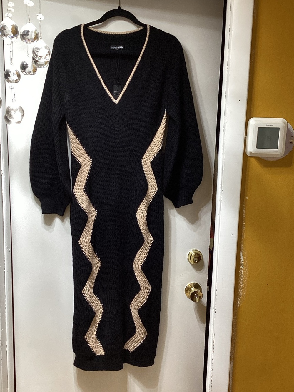 Fashion Nova Black Midi Dress with Cream Zigzag Panels